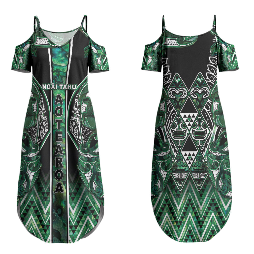 Aotearoa Ngai Tahu Couples Matching Summer Maxi Dress and Long Sleeve Button Shirt Maori Tribal Dark Green Paua Shell Pattern DT05 - Polynesian Pride