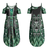 Aotearoa Ngai Tahu Couples Matching Summer Maxi Dress and Long Sleeve Button Shirt Maori Tribal Dark Green Paua Shell Pattern DT05 - Polynesian Pride