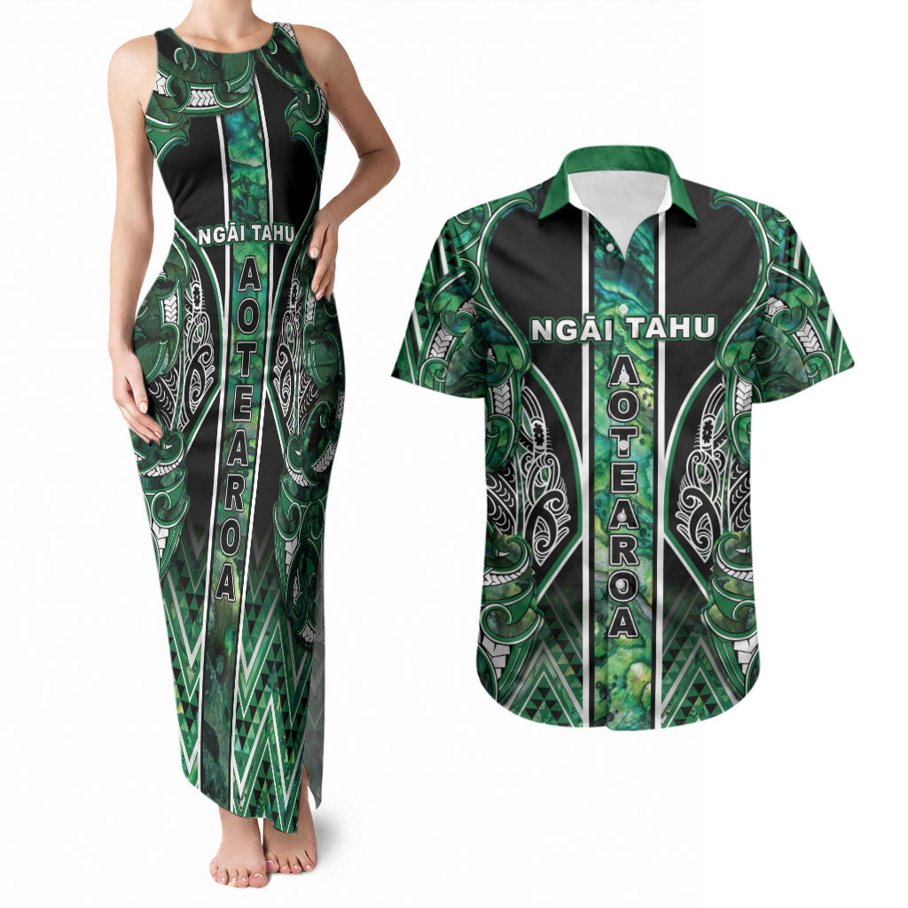 Aotearoa Ngai Tahu Couples Matching Tank Maxi Dress and Hawaiian Shirt Maori Tribal Dark Green Paua Shell Pattern DT05 Green - Polynesian Pride