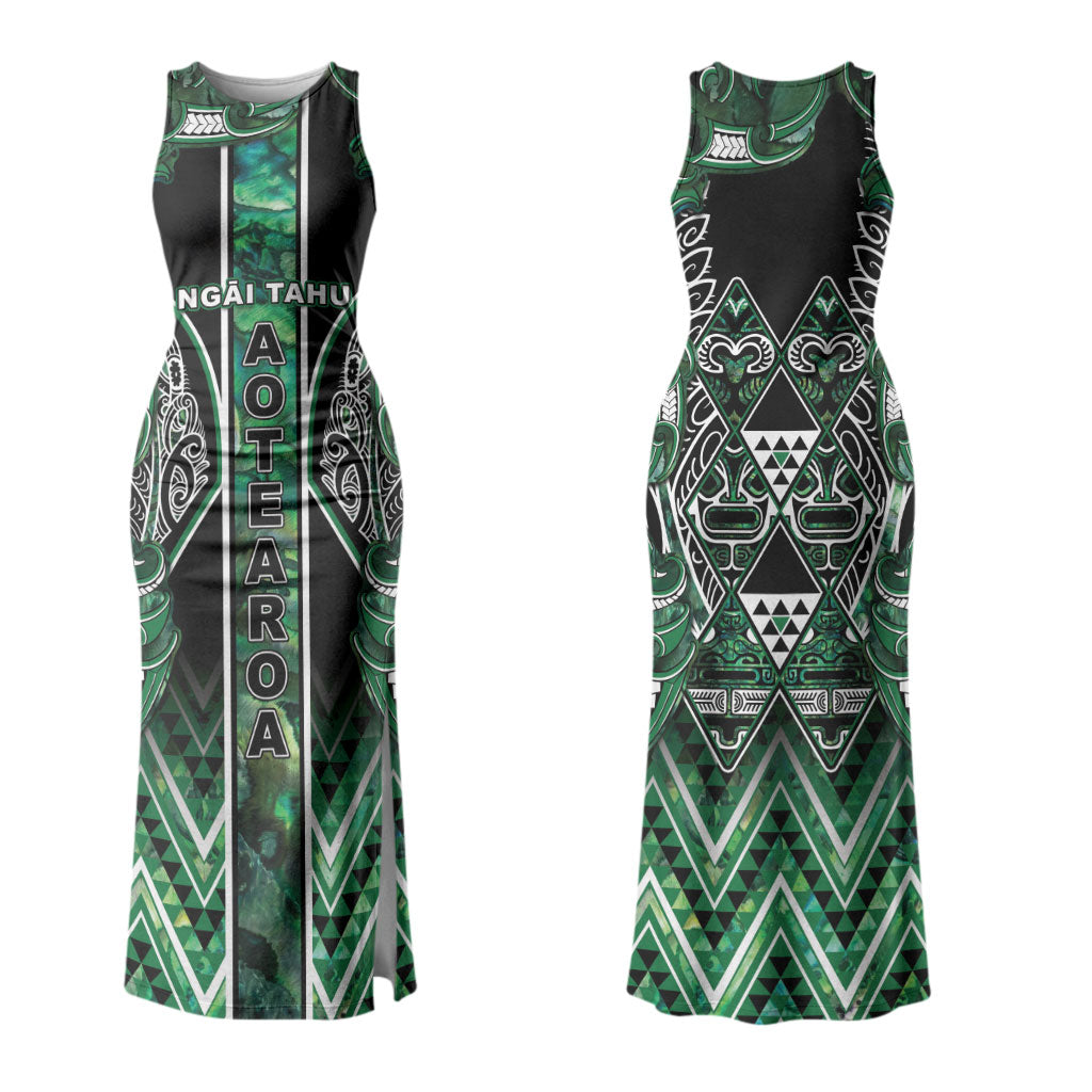 Aotearoa Ngai Tahu Couples Matching Tank Maxi Dress and Long Sleeve Button Shirt Maori Tribal Dark Green Paua Shell Pattern DT05 - Polynesian Pride