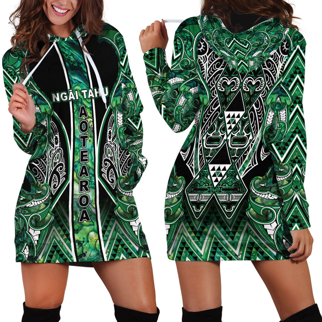Aotearoa Ngai Tahu Hoodie Dress Maori Tribal Dark Green Paua Shell Pattern DT05 - Polynesian Pride