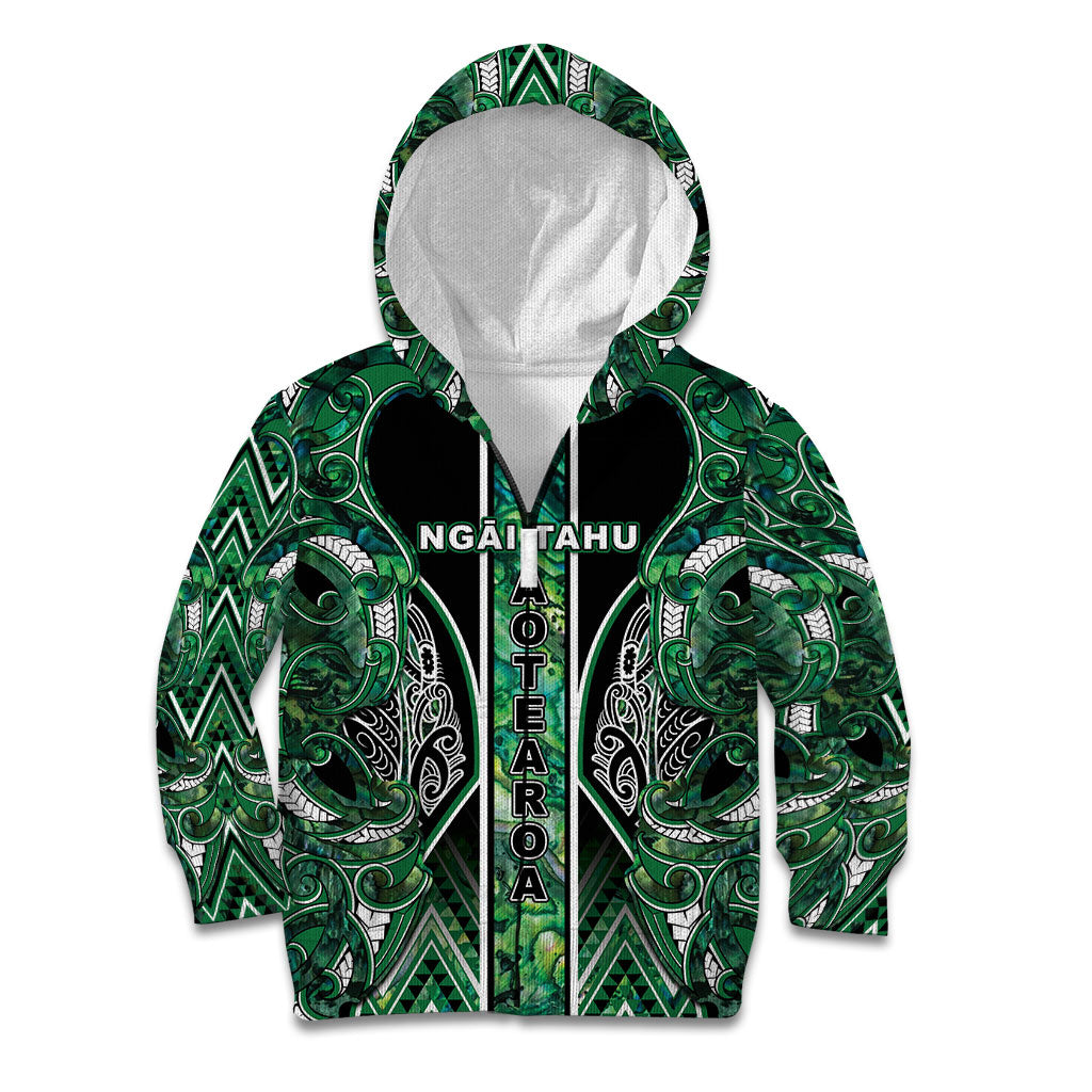 Aotearoa Ngai Tahu Kid Hoodie Maori Tribal Dark Green Paua Shell Pattern DT05 Zip Hoodie Green - Polynesian Pride