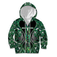 Aotearoa Ngai Tahu Kid Hoodie Maori Tribal Dark Green Paua Shell Pattern DT05 Zip Hoodie Green - Polynesian Pride