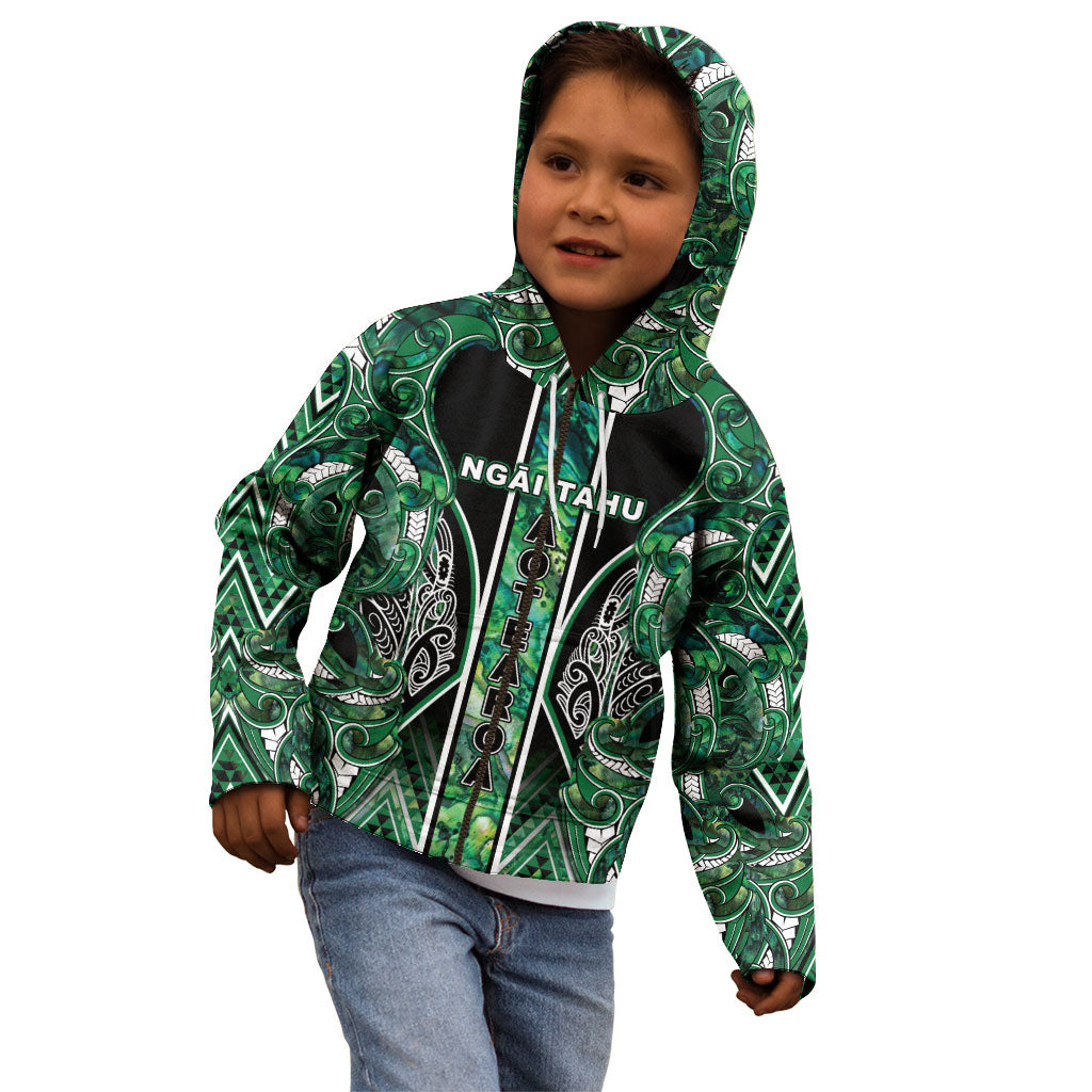 Aotearoa Ngai Tahu Kid Hoodie Maori Tribal Dark Green Paua Shell Pattern DT05 - Polynesian Pride
