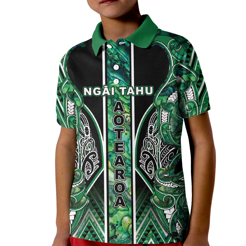 Aotearoa Ngai Tahu Kid Polo Shirt Maori Tribal Dark Green Paua Shell Pattern DT05 Kid Green - Polynesian Pride