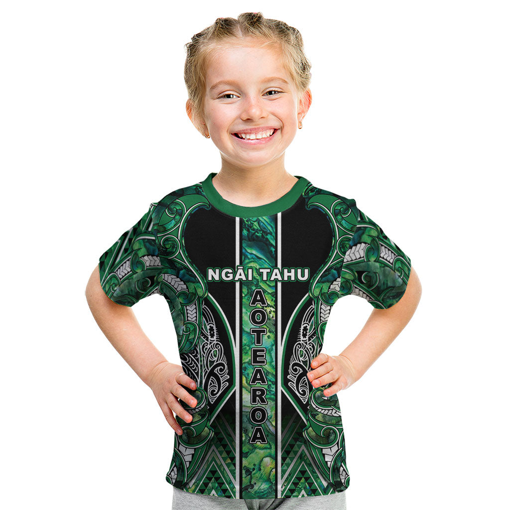 Aotearoa Ngai Tahu Kid T Shirt Maori Tribal Dark Green Paua Shell Pattern DT05 Green - Polynesian Pride
