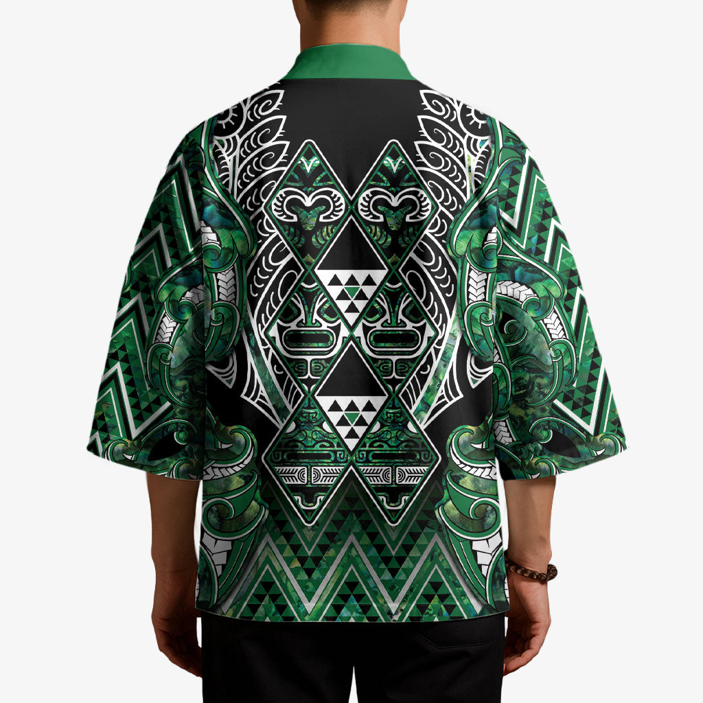 Aotearoa Ngai Tahu Kimono Maori Tribal Dark Green Paua Shell Pattern DT05 - Polynesian Pride