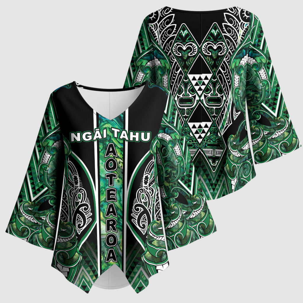 Aotearoa Ngai Tahu Kimono Sleeve Blouse Maori Tribal Dark Green Paua Shell Pattern DT05 - Polynesian Pride