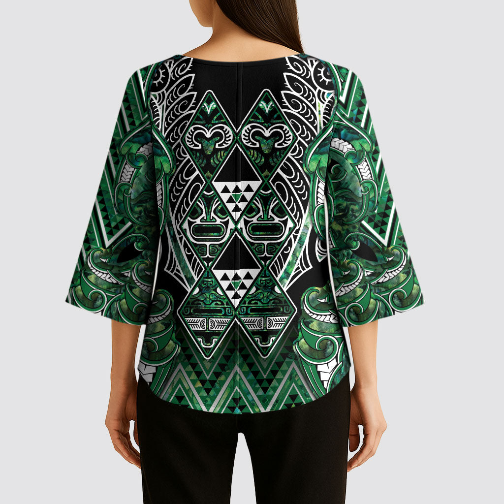 Aotearoa Ngai Tahu Kimono Sleeve Blouse Maori Tribal Dark Green Paua Shell Pattern DT05 - Polynesian Pride