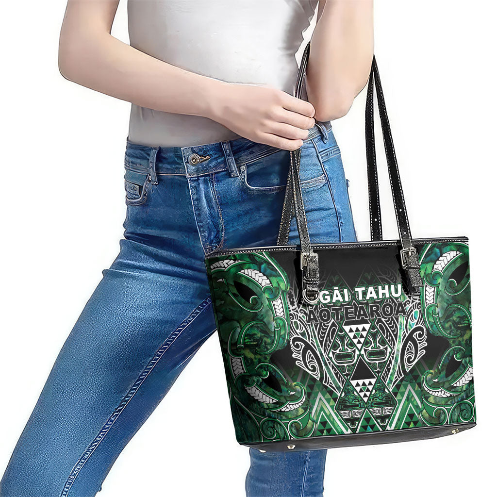 Aotearoa Ngai Tahu Leather Tote Bag Maori Tribal Dark Green Paua Shell Pattern DT05 - Polynesian Pride