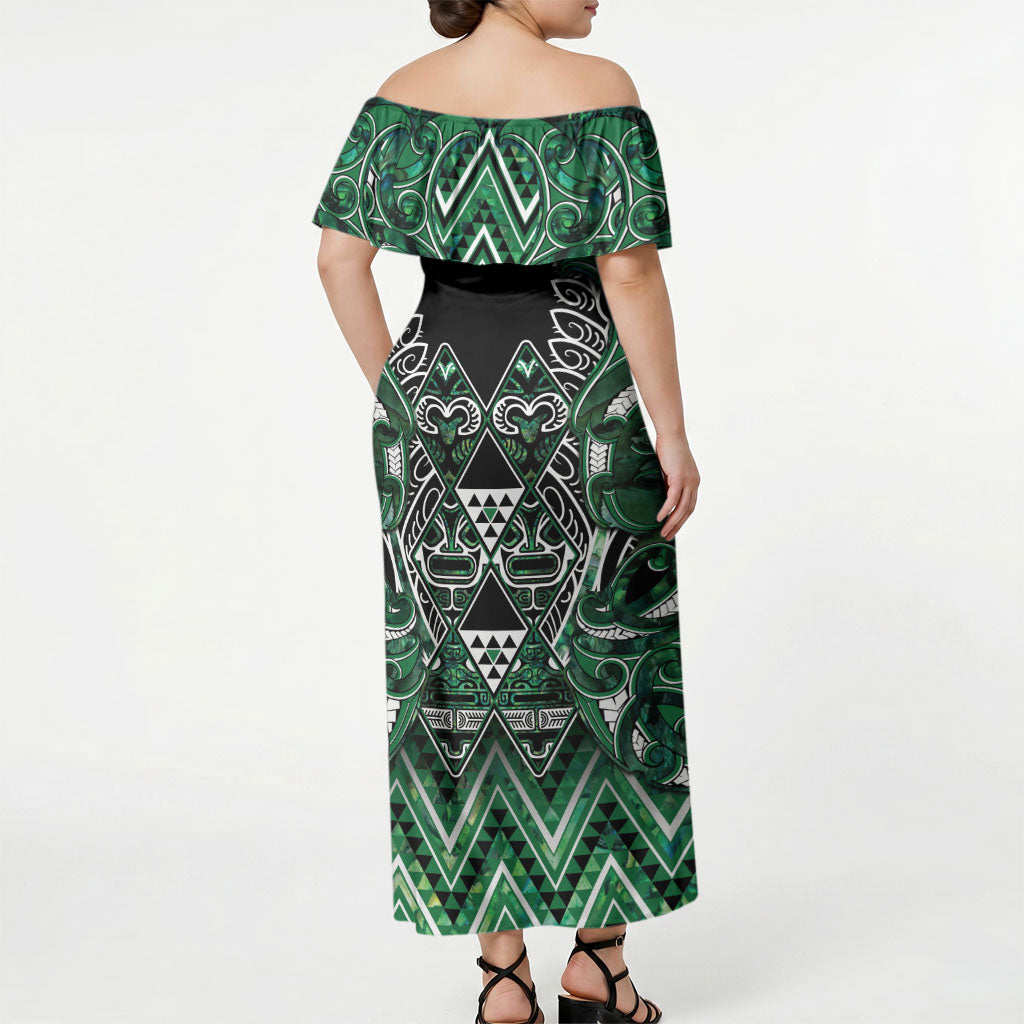 Aotearoa Ngai Tahu Off Shoulder Maxi Dress Maori Tribal Dark Green Paua Shell Pattern DT05 - Polynesian Pride