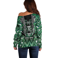 Aotearoa Ngai Tahu Off Shoulder Sweater Maori Tribal Dark Green Paua Shell Pattern DT05 - Polynesian Pride