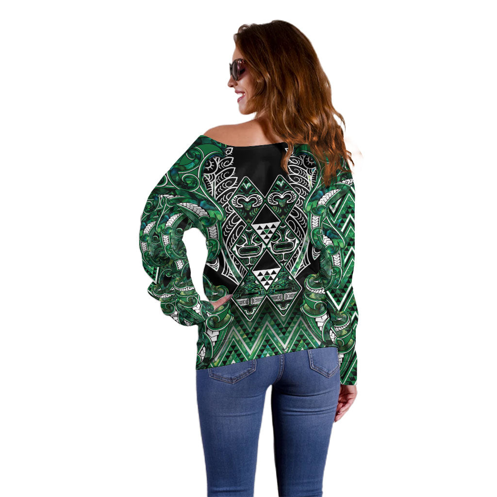 Aotearoa Ngai Tahu Off Shoulder Sweater Maori Tribal Dark Green Paua Shell Pattern DT05 - Polynesian Pride
