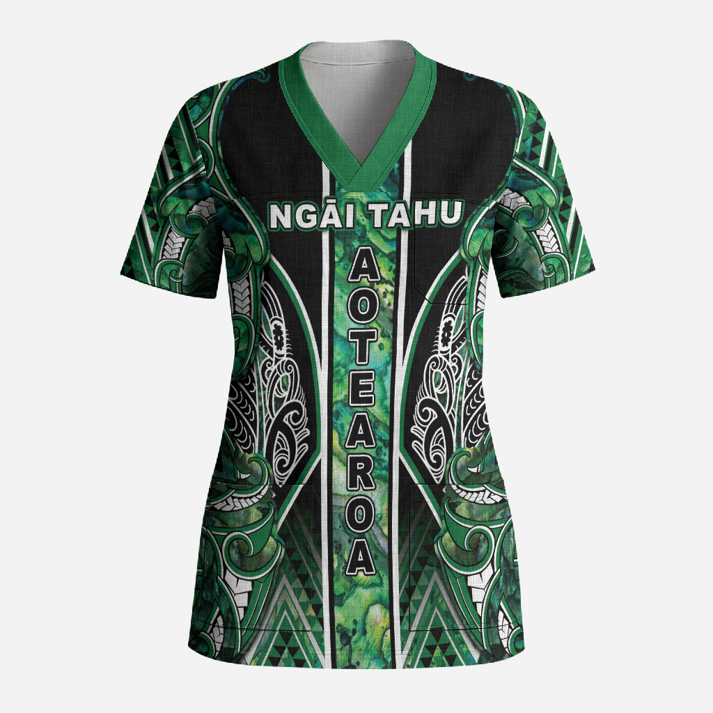 Aotearoa Ngai Tahu Scrub Top Maori Tribal Dark Green Paua Shell Pattern DT05 Adult Green - Polynesian Pride