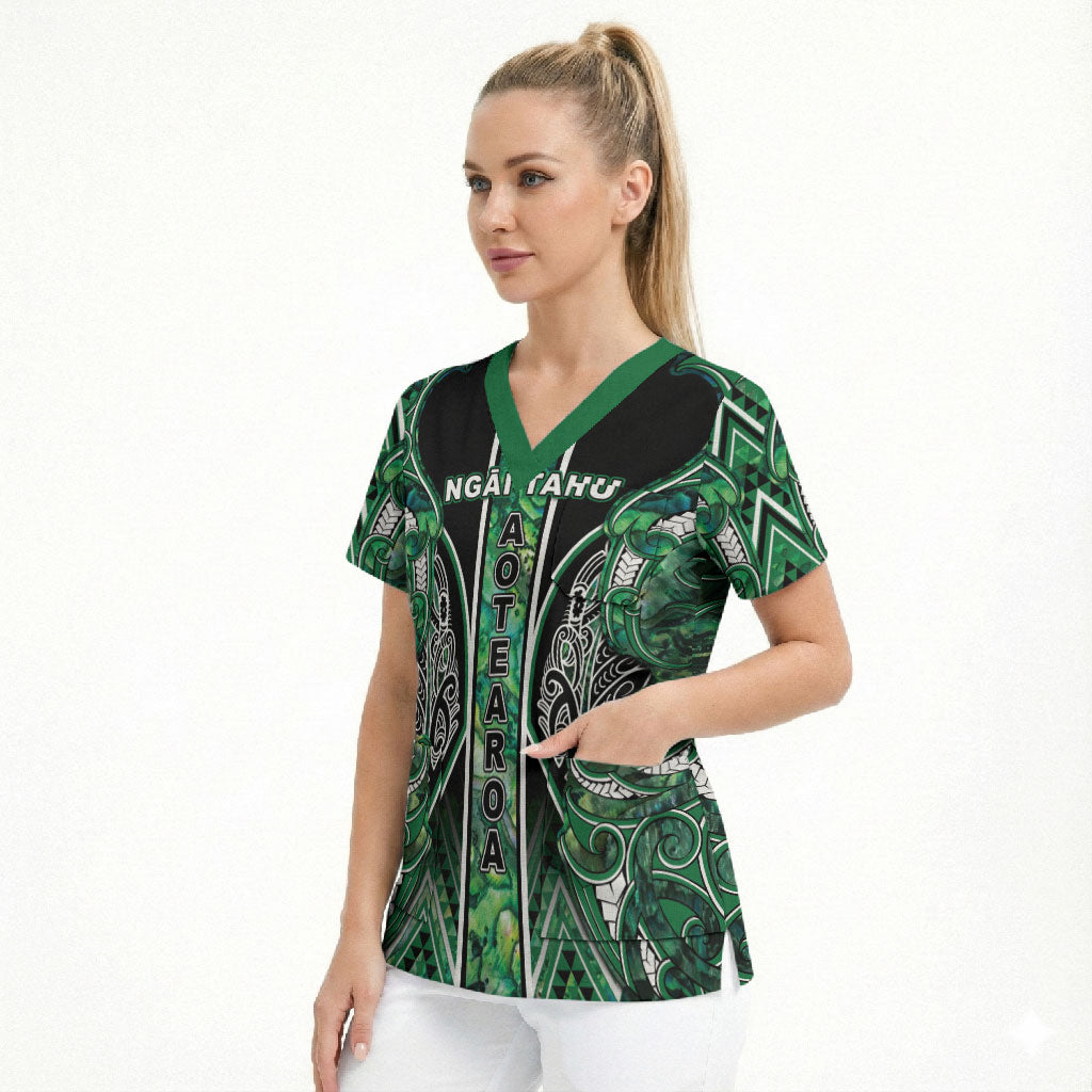 Aotearoa Ngai Tahu Scrub Top Maori Tribal Dark Green Paua Shell Pattern DT05 - Polynesian Pride