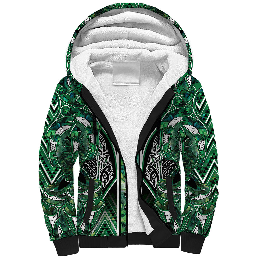 Aotearoa Ngai Tahu Sherpa Hoodie Maori Tribal Dark Green Paua Shell Pattern DT05 Unisex Green - Polynesian Pride