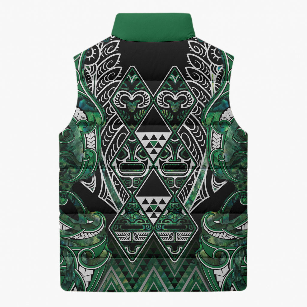 Aotearoa Ngai Tahu Sleeveless Puffer Jacket Maori Tribal Dark Green Paua Shell Pattern DT05 - Polynesian Pride