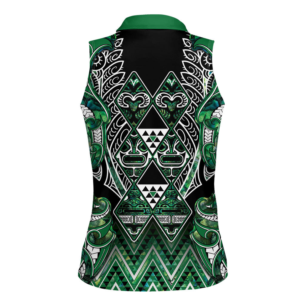 Aotearoa Ngai Tahu Women Sleeveless Polo Shirt Maori Tribal Dark Green Paua Shell Pattern DT05 - Polynesian Pride