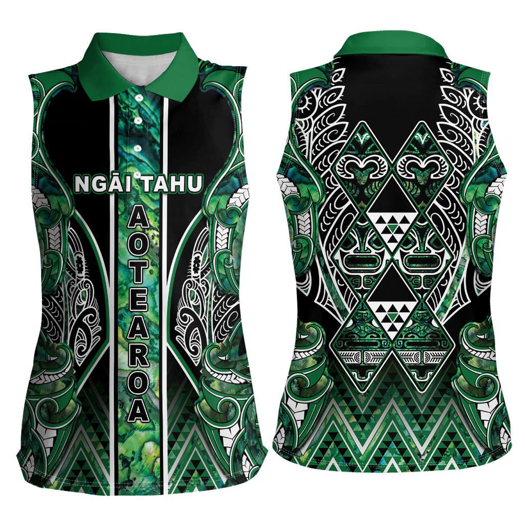 Aotearoa Ngai Tahu Women Sleeveless Polo Shirt Maori Tribal Dark Green Paua Shell Pattern DT05 - Polynesian Pride