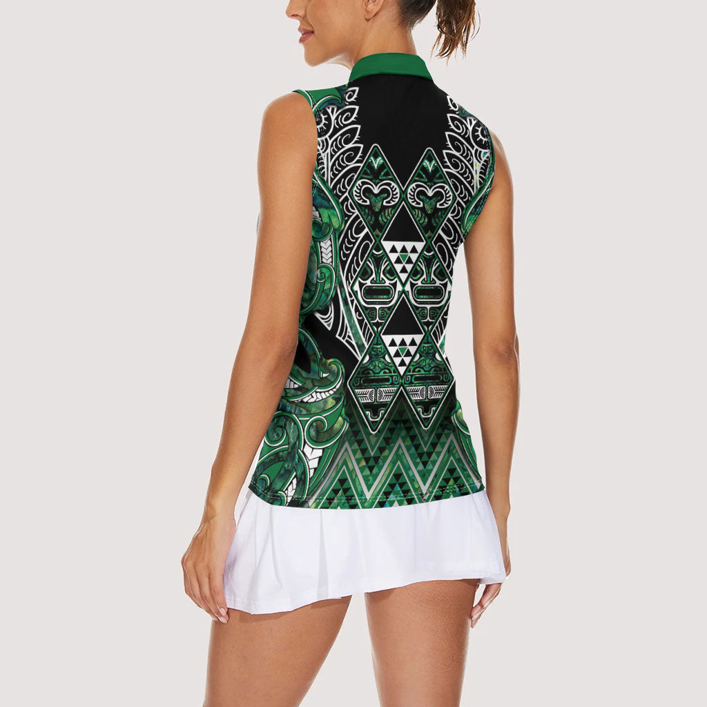Aotearoa Ngai Tahu Women Sleeveless Polo Shirt Maori Tribal Dark Green Paua Shell Pattern DT05 - Polynesian Pride