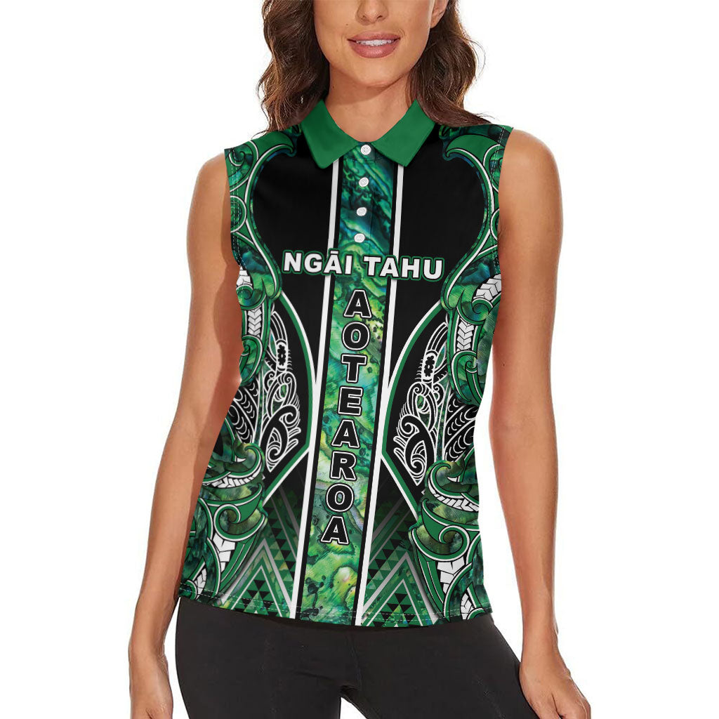 Aotearoa Ngai Tahu Women Sleeveless Polo Shirt Maori Tribal Dark Green Paua Shell Pattern DT05 - Polynesian Pride