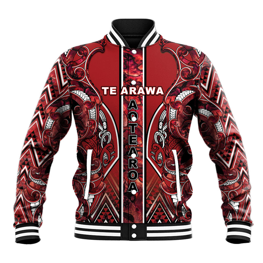 Aotearoa Te Arawa Baseball Jacket Maori Tribal Dark Red Paua Shell Pattern DT05 Unisex Red - Polynesian Pride
