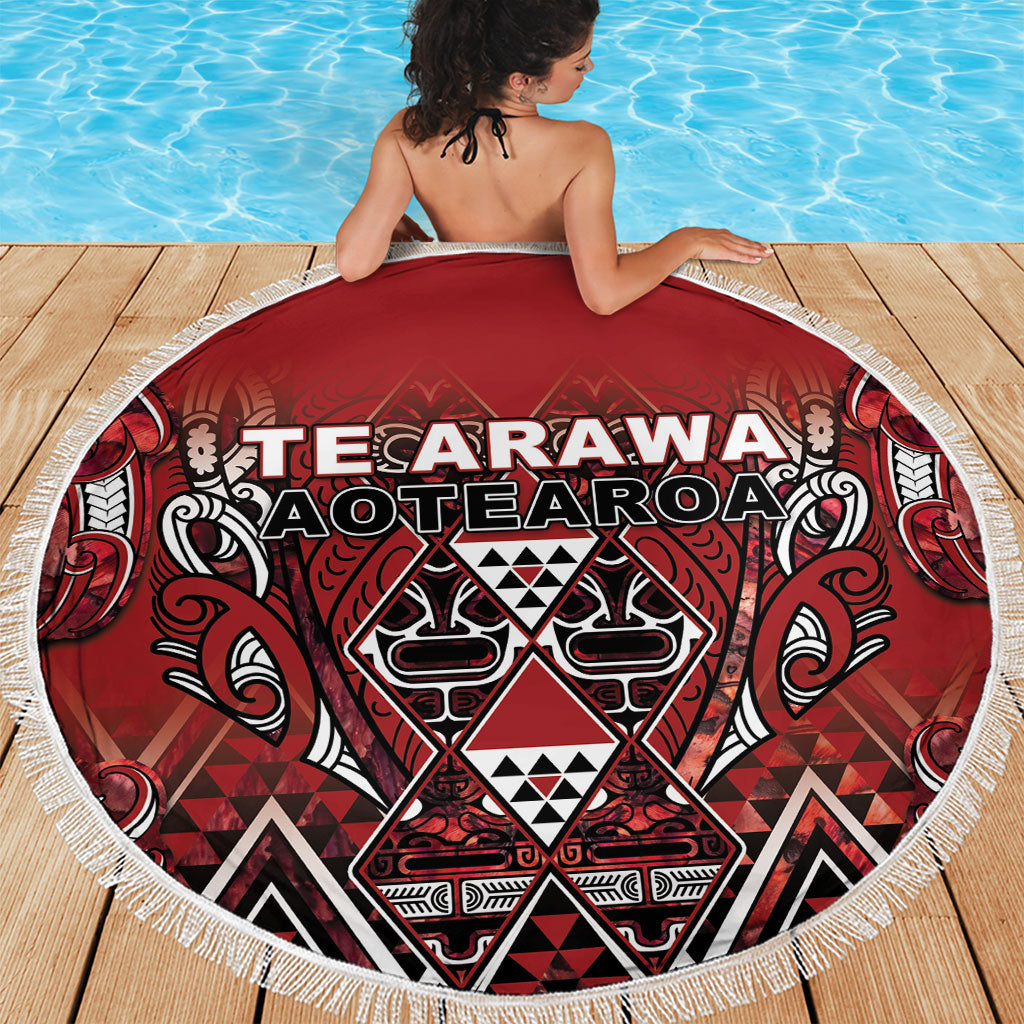 Aotearoa Te Arawa Beach Blanket Maori Tribal Dark Red Paua Shell Pattern DT05 - Polynesian Pride