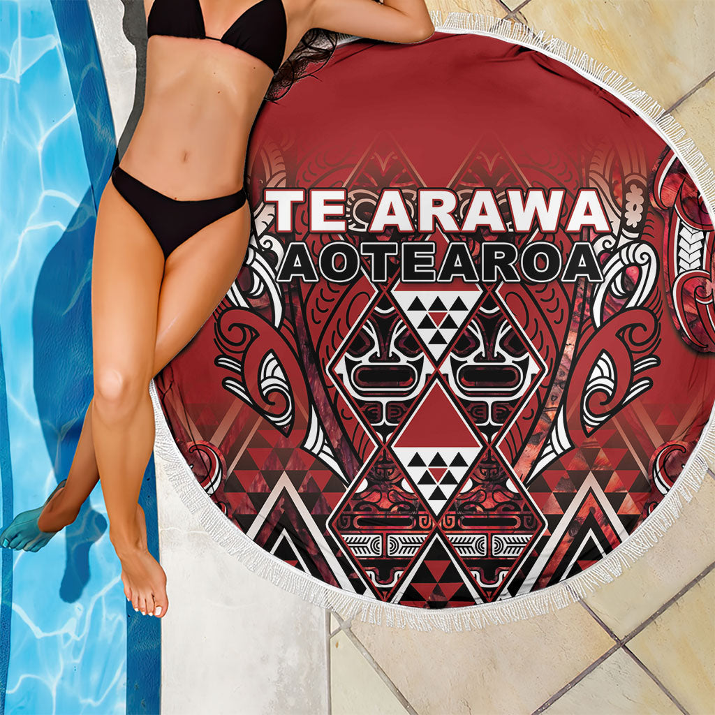 Aotearoa Te Arawa Beach Blanket Maori Tribal Dark Red Paua Shell Pattern DT05 - Polynesian Pride