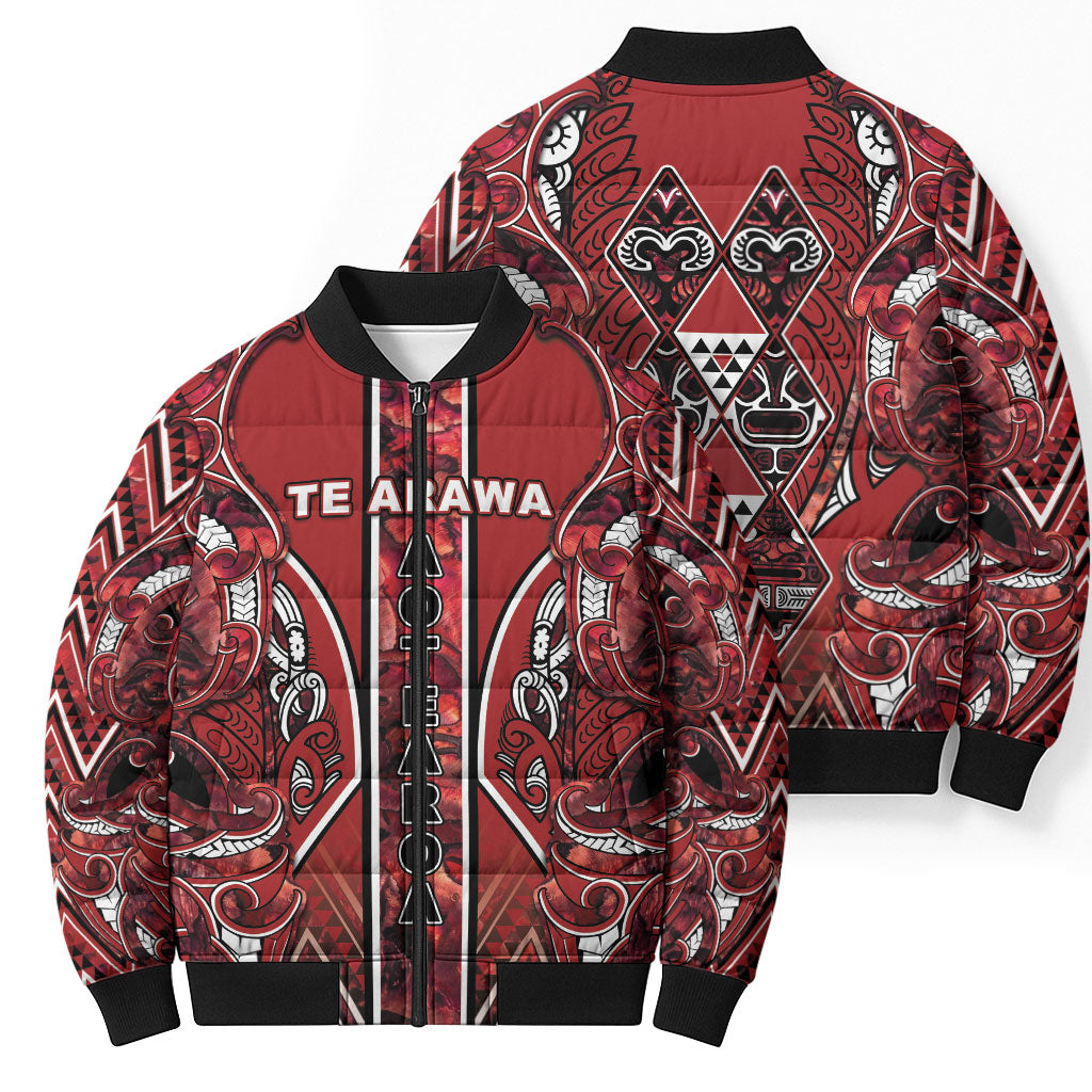 Aotearoa Te Arawa Bomber Puffer Jacket Maori Tribal Dark Red Paua Shell Pattern DT05 - Polynesian Pride