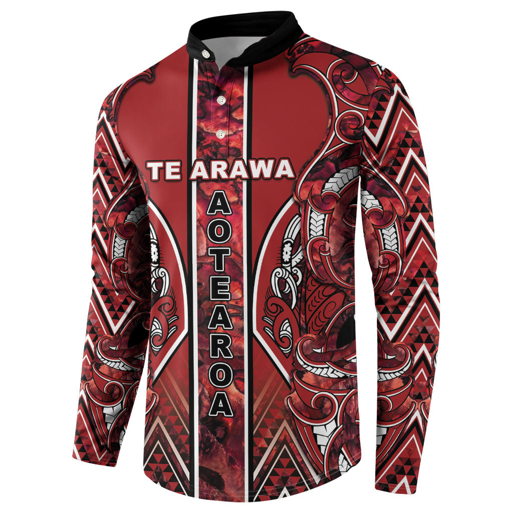 Aotearoa Te Arawa Button Sweatshirt Maori Tribal Dark Red Paua Shell Pattern DT05 - Polynesian Pride