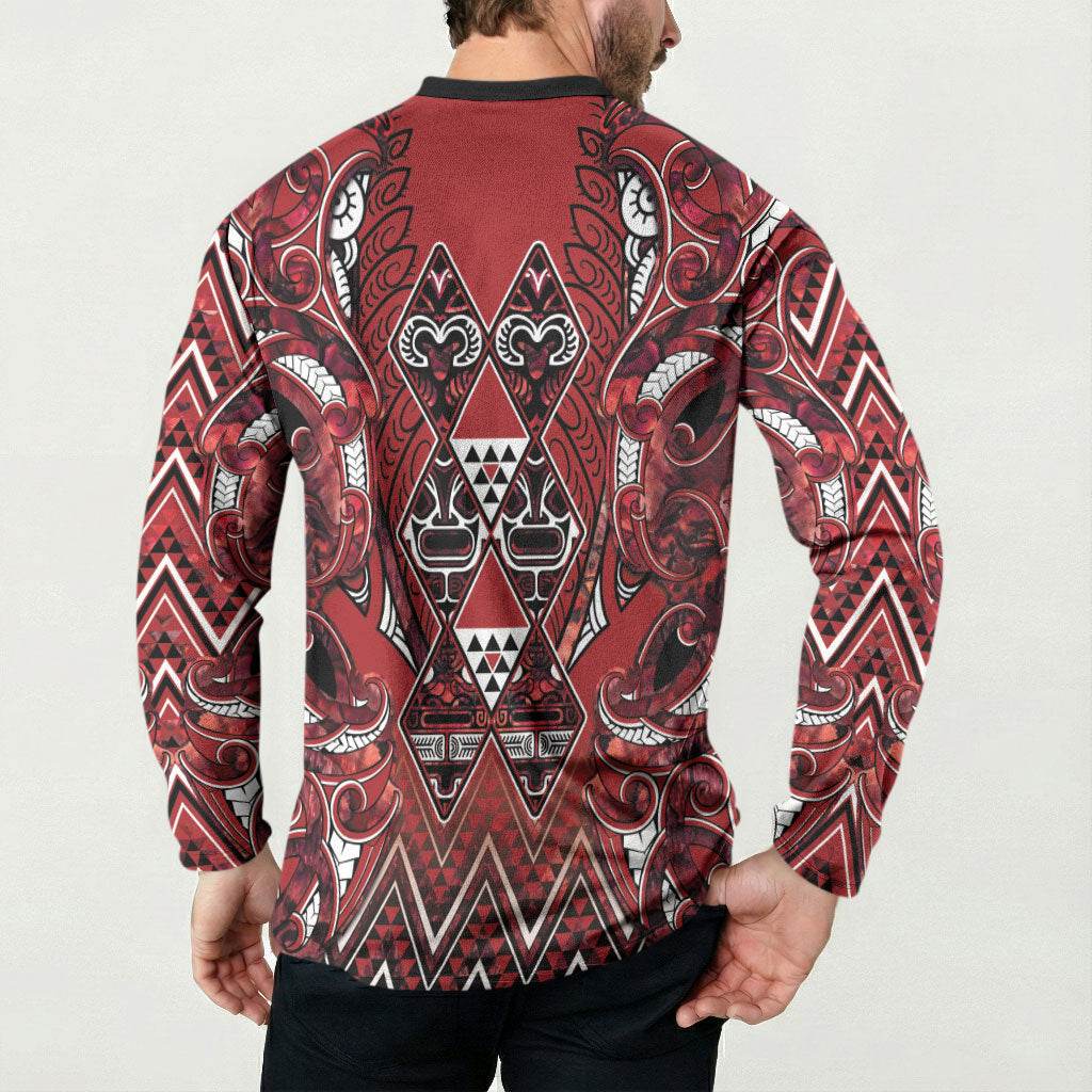 Aotearoa Te Arawa Button Sweatshirt Maori Tribal Dark Red Paua Shell Pattern DT05 - Polynesian Pride