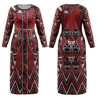 Aotearoa Te Arawa Couples Matching Long Sleeve Bodycon Dress and Hawaiian Shirt Maori Tribal Dark Red Paua Shell Pattern DT05 - Polynesian Pride
