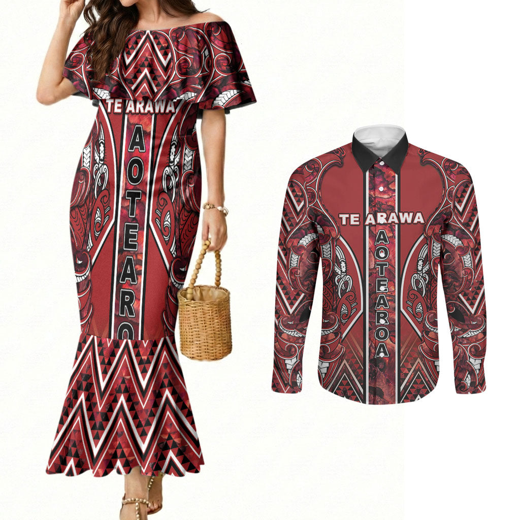 Aotearoa Te Arawa Couples Matching Mermaid Dress and Long Sleeve Button Shirt Maori Tribal Dark Red Paua Shell Pattern DT05 Red - Polynesian Pride