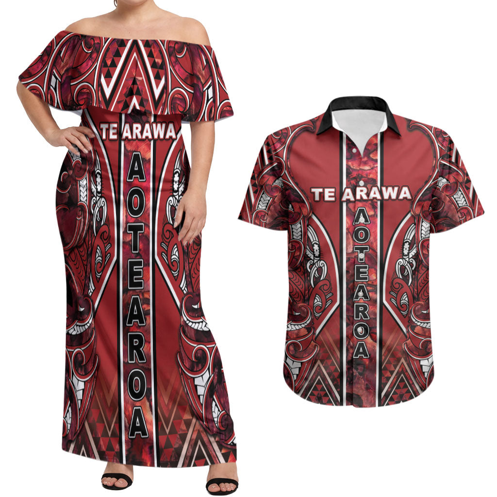 Aotearoa Te Arawa Couples Matching Off Shoulder Maxi Dress and Hawaiian Shirt Maori Tribal Dark Red Paua Shell Pattern DT05 Red - Polynesian Pride