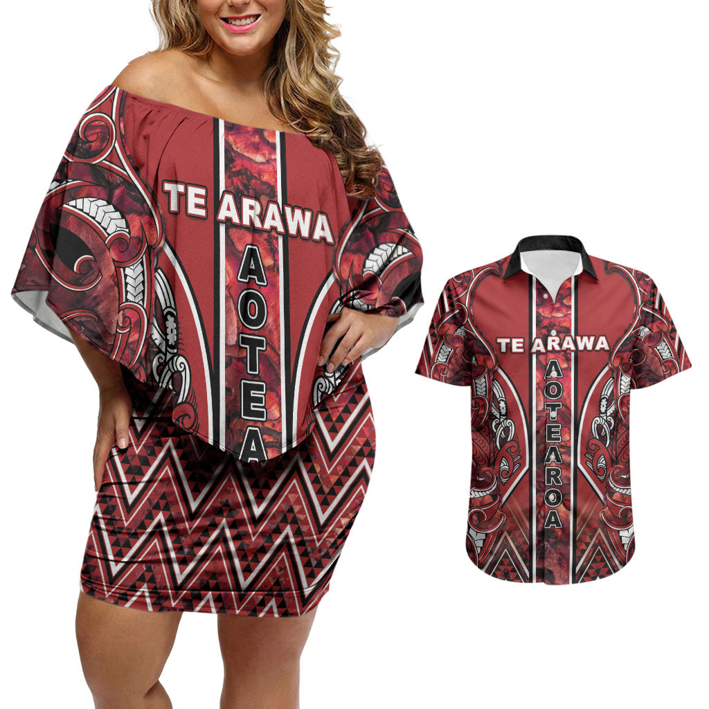 Aotearoa Te Arawa Couples Matching Off Shoulder Short Dress and Hawaiian Shirt Maori Tribal Dark Red Paua Shell Pattern DT05 Red - Polynesian Pride