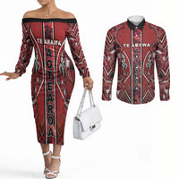Aotearoa Te Arawa Couples Matching Off The Shoulder Long Sleeve Dress and Long Sleeve Button Shirt Maori Tribal Dark Red Paua Shell Pattern DT05 Red - Polynesian Pride