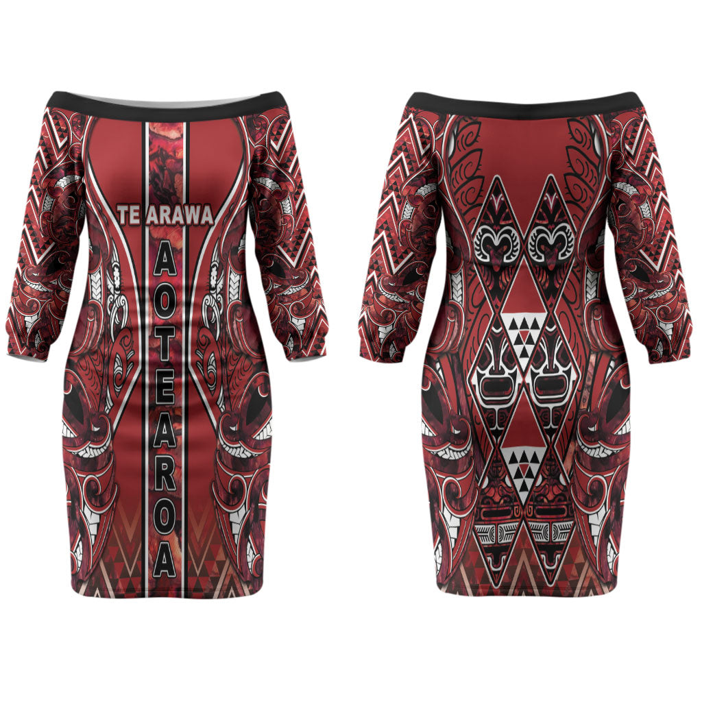Aotearoa Te Arawa Couples Matching Off The Shoulder Long Sleeve Dress and Long Sleeve Button Shirt Maori Tribal Dark Red Paua Shell Pattern DT05 - Polynesian Pride