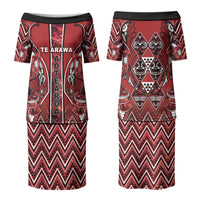 Aotearoa Te Arawa Couples Matching Puletasi and Long Sleeve Button Shirt Maori Tribal Dark Red Paua Shell Pattern DT05 - Polynesian Pride