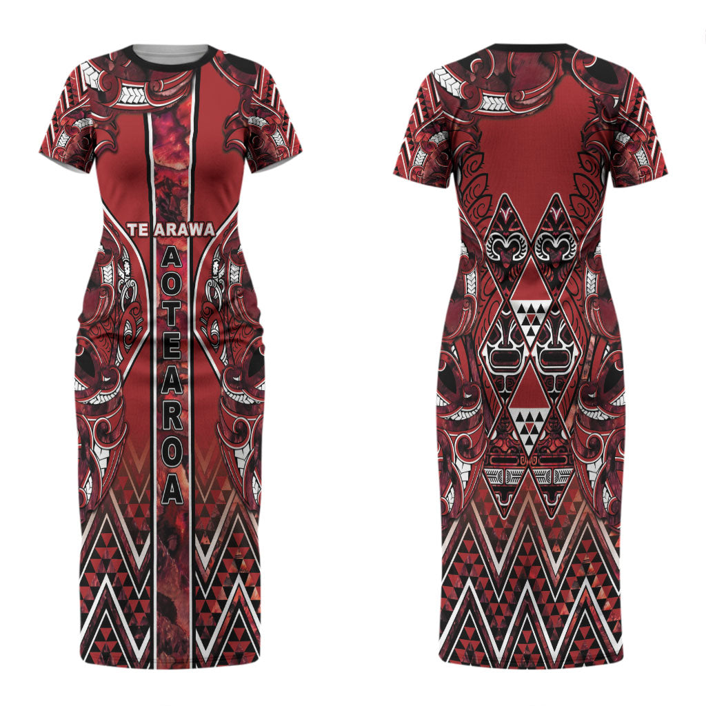 Aotearoa Te Arawa Couples Matching Short Sleeve Bodycon Dress and Hawaiian Shirt Maori Tribal Dark Red Paua Shell Pattern DT05 - Polynesian Pride