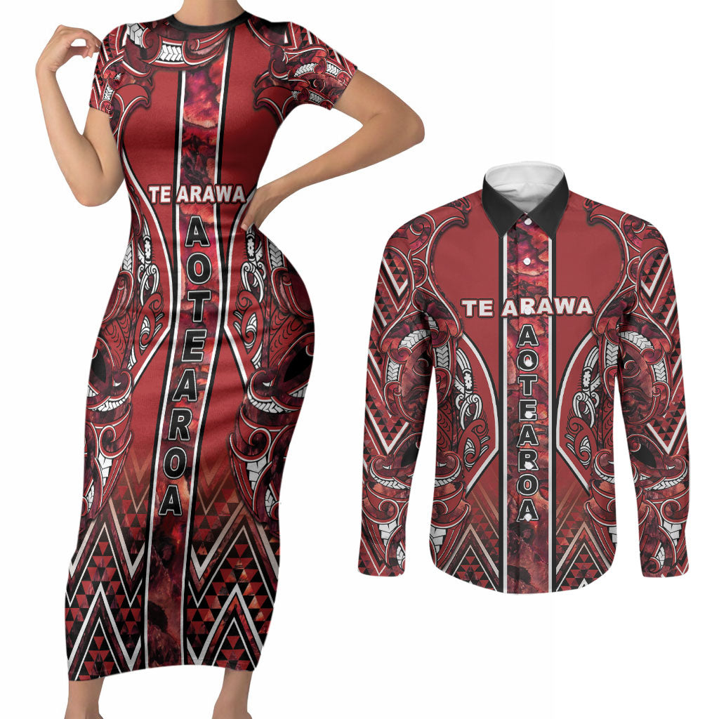 Aotearoa Te Arawa Couples Matching Short Sleeve Bodycon Dress and Long Sleeve Button Shirt Maori Tribal Dark Red Paua Shell Pattern DT05 Red - Polynesian Pride