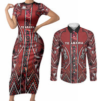 Aotearoa Te Arawa Couples Matching Short Sleeve Bodycon Dress and Long Sleeve Button Shirt Maori Tribal Dark Red Paua Shell Pattern DT05 Red - Polynesian Pride