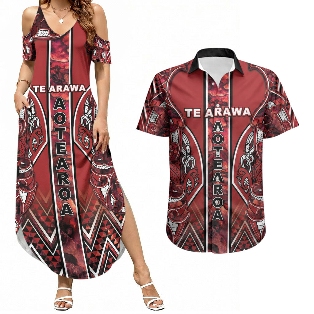 Aotearoa Te Arawa Couples Matching Summer Maxi Dress and Hawaiian Shirt Maori Tribal Dark Red Paua Shell Pattern DT05 Red - Polynesian Pride
