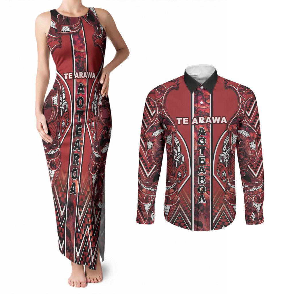 Aotearoa Te Arawa Couples Matching Tank Maxi Dress and Long Sleeve Button Shirt Maori Tribal Dark Red Paua Shell Pattern DT05 Red - Polynesian Pride