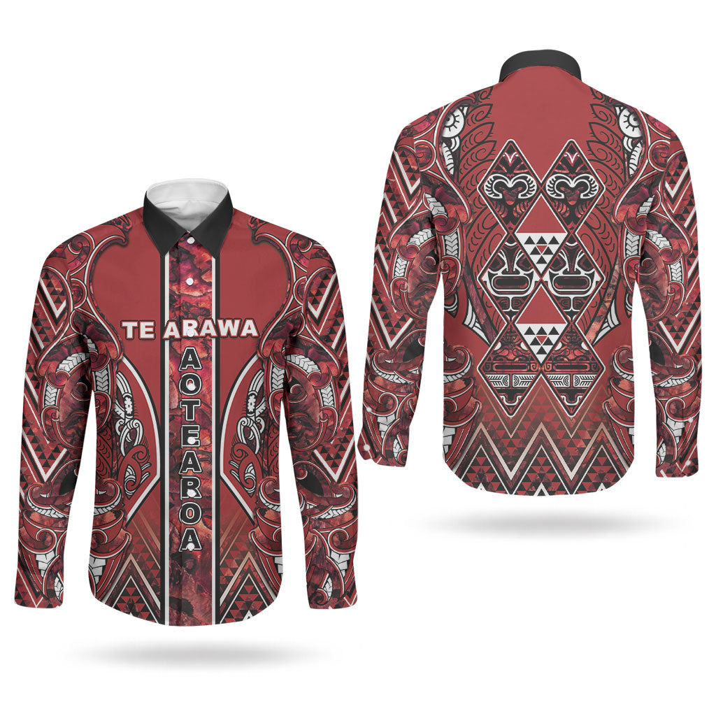 Aotearoa Te Arawa Couples Matching Tank Maxi Dress and Long Sleeve Button Shirt Maori Tribal Dark Red Paua Shell Pattern DT05 - Polynesian Pride