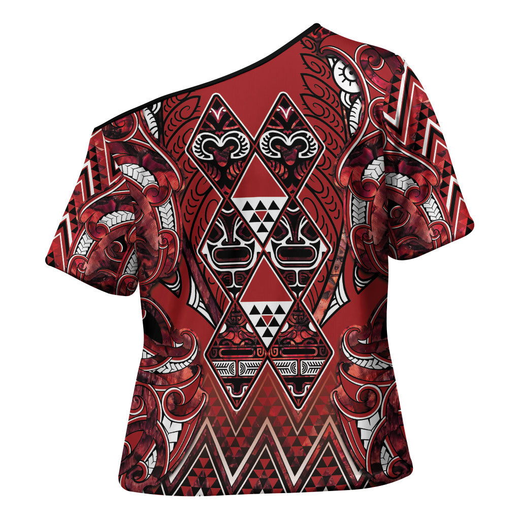 Aotearoa Te Arawa Cross Shoulder Shirt Maori Tribal Dark Red Paua Shell Pattern DT05 - Polynesian Pride