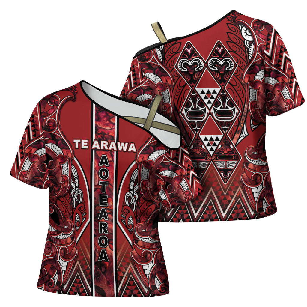 Aotearoa Te Arawa Cross Shoulder Shirt Maori Tribal Dark Red Paua Shell Pattern DT05 - Polynesian Pride