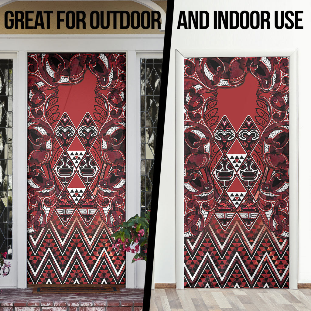 Aotearoa Te Arawa Door Cover Maori Tribal Dark Red Paua Shell Pattern DT05 - Polynesian Pride