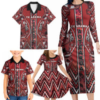 Aotearoa Te Arawa Family Matching Long Sleeve Bodycon Dress and Hawaiian Shirt Maori Tribal Dark Red Paua Shell Pattern DT05 - Polynesian Pride