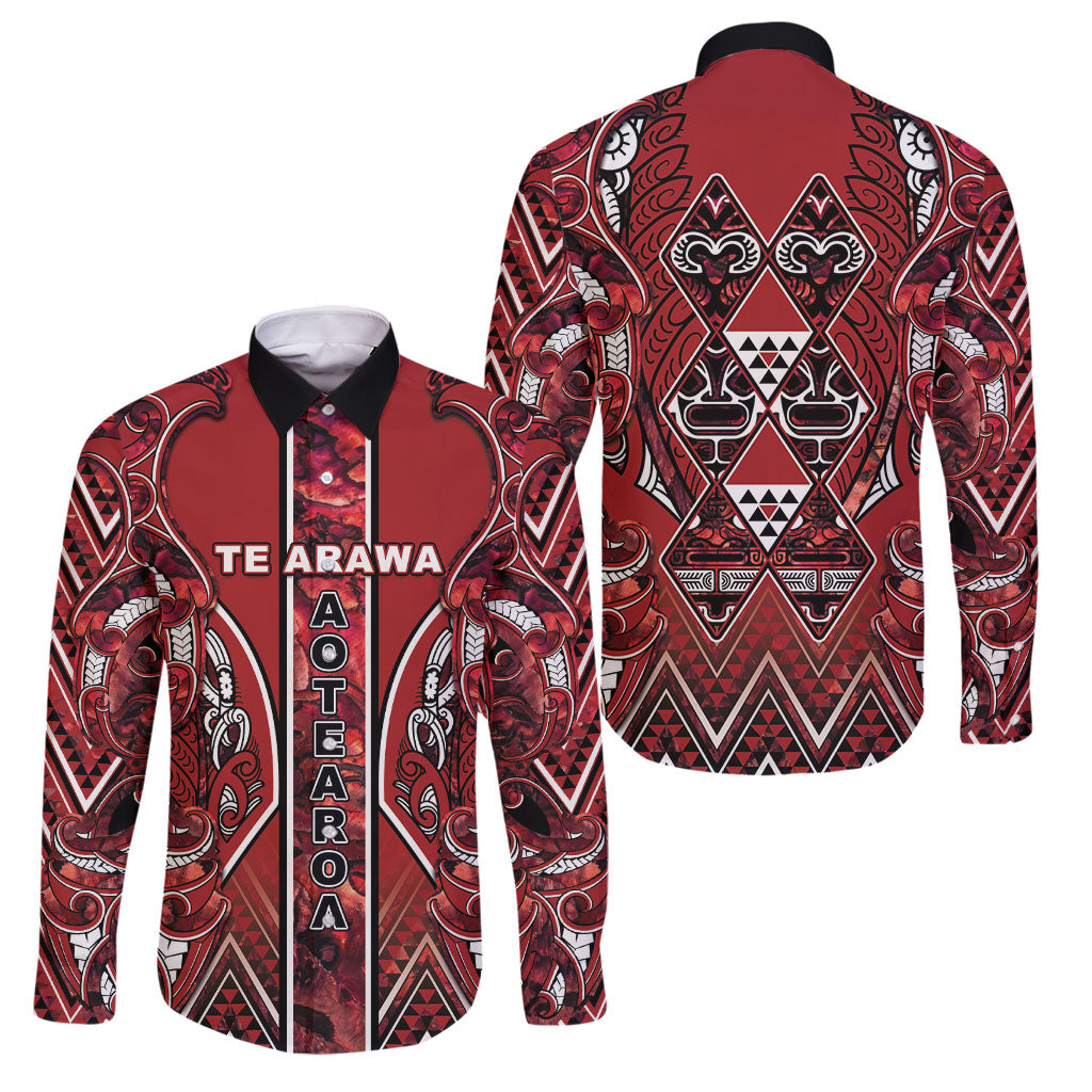 Aotearoa Te Arawa Family Matching Long Sleeve Bodycon Dress and Hawaiian Shirt Maori Tribal Dark Red Paua Shell Pattern DT05 Dad's Shirt - Long Sleeve Red - Polynesian Pride