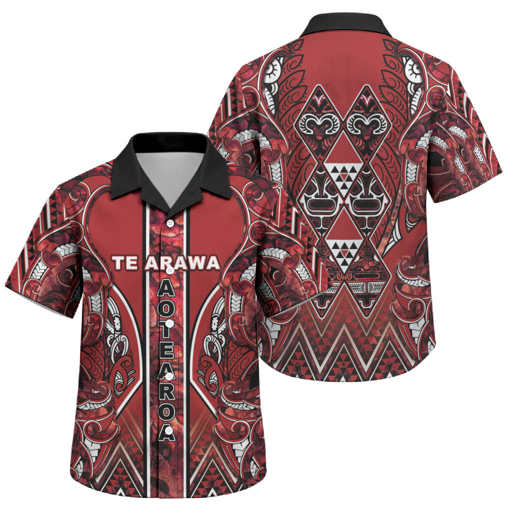 Aotearoa Te Arawa Family Matching Long Sleeve Bodycon Dress and Hawaiian Shirt Maori Tribal Dark Red Paua Shell Pattern DT05 Son's Shirt Red - Polynesian Pride